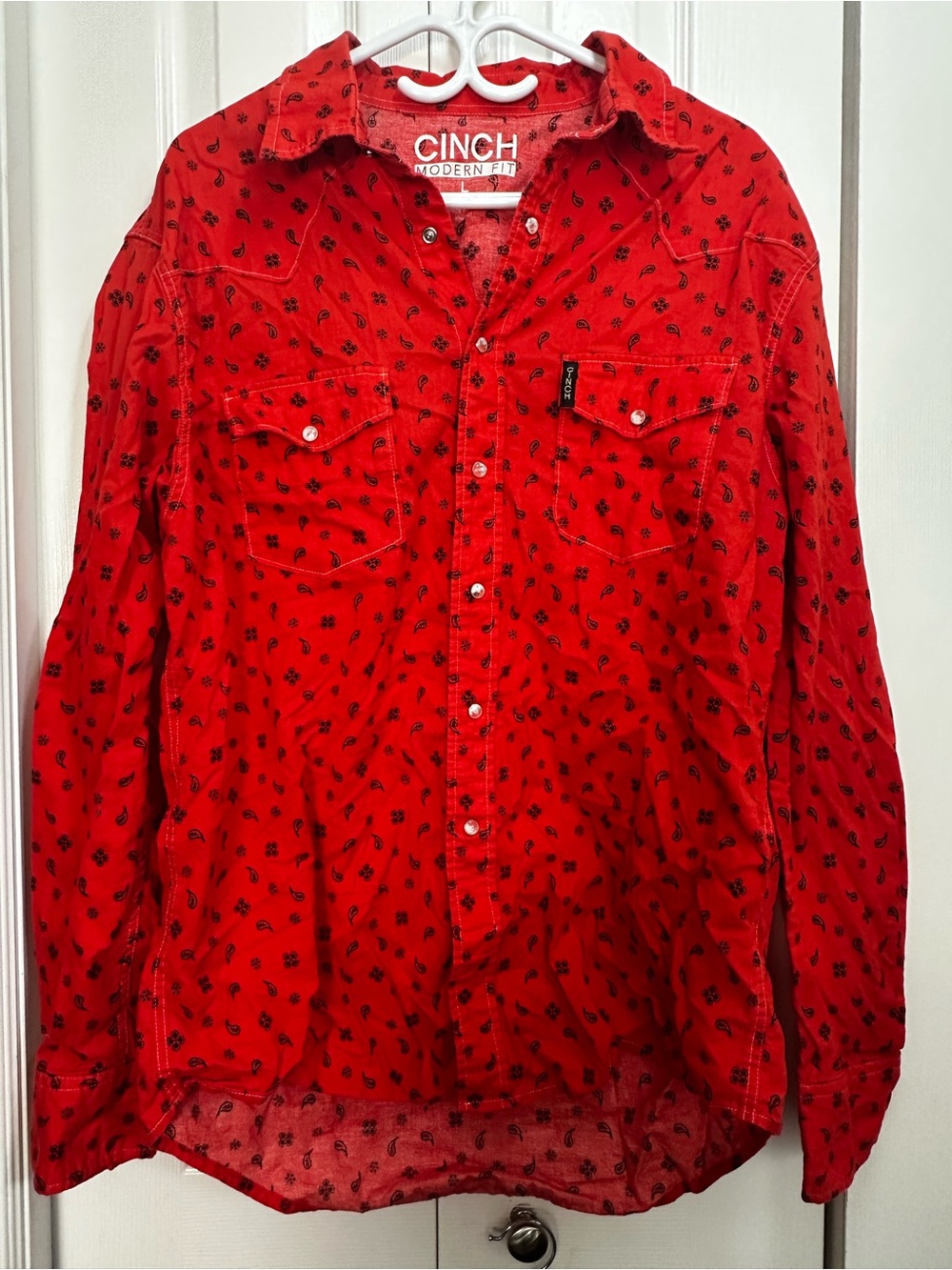 Cinch Red Button-Down Western Shirt with Black Paisley Print #37